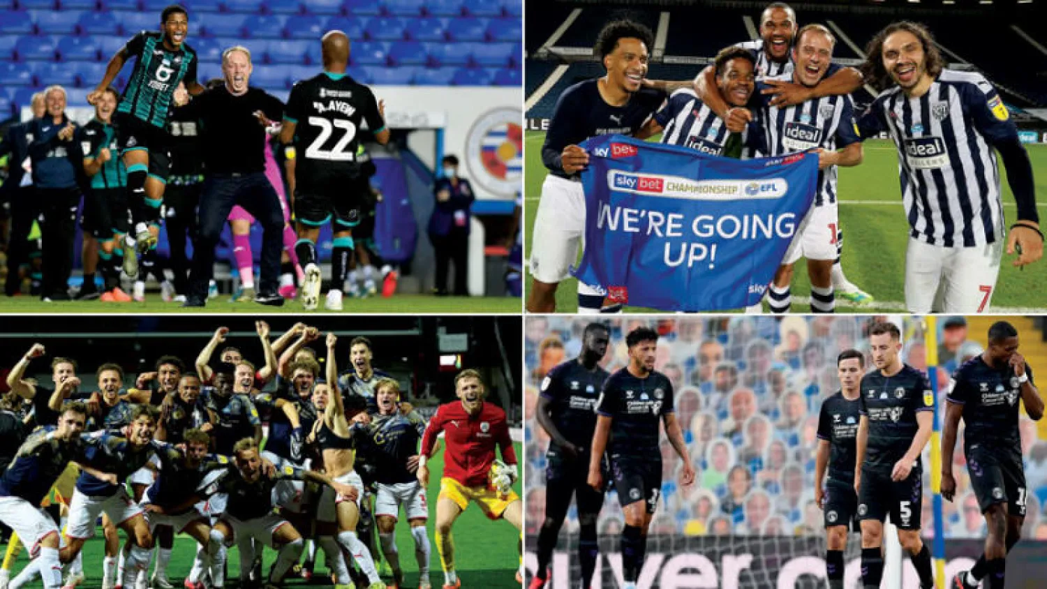 وست بروميتش يحتفل بصعوده للدوري الممتاز....بارنسلي بعد النجاة من الهبوط... تشارلتون بعد هبوطه من الدرجة الأولى.... سوانزي بعد التأهل لملحق الترقي (غيتي)