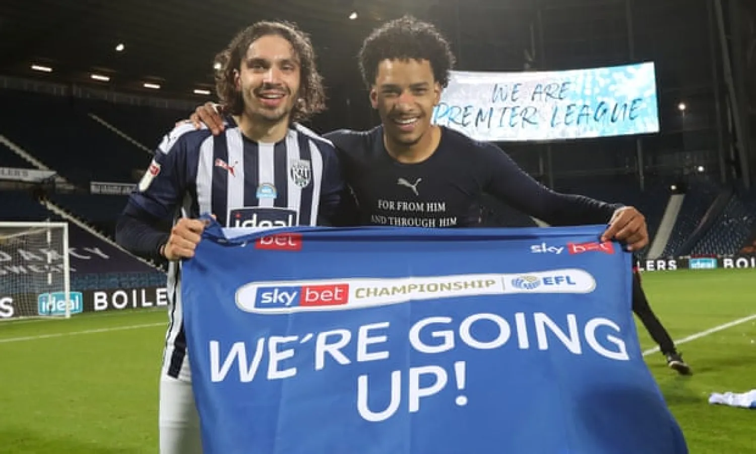  Filip Krovinovic (left) and Matheus Pereira, one of the standout players in the Championship, celebrate West Brom’s promotion. Photograph: Adam Fradgley - AMA/West Bromwich Albion FC/Getty Images
