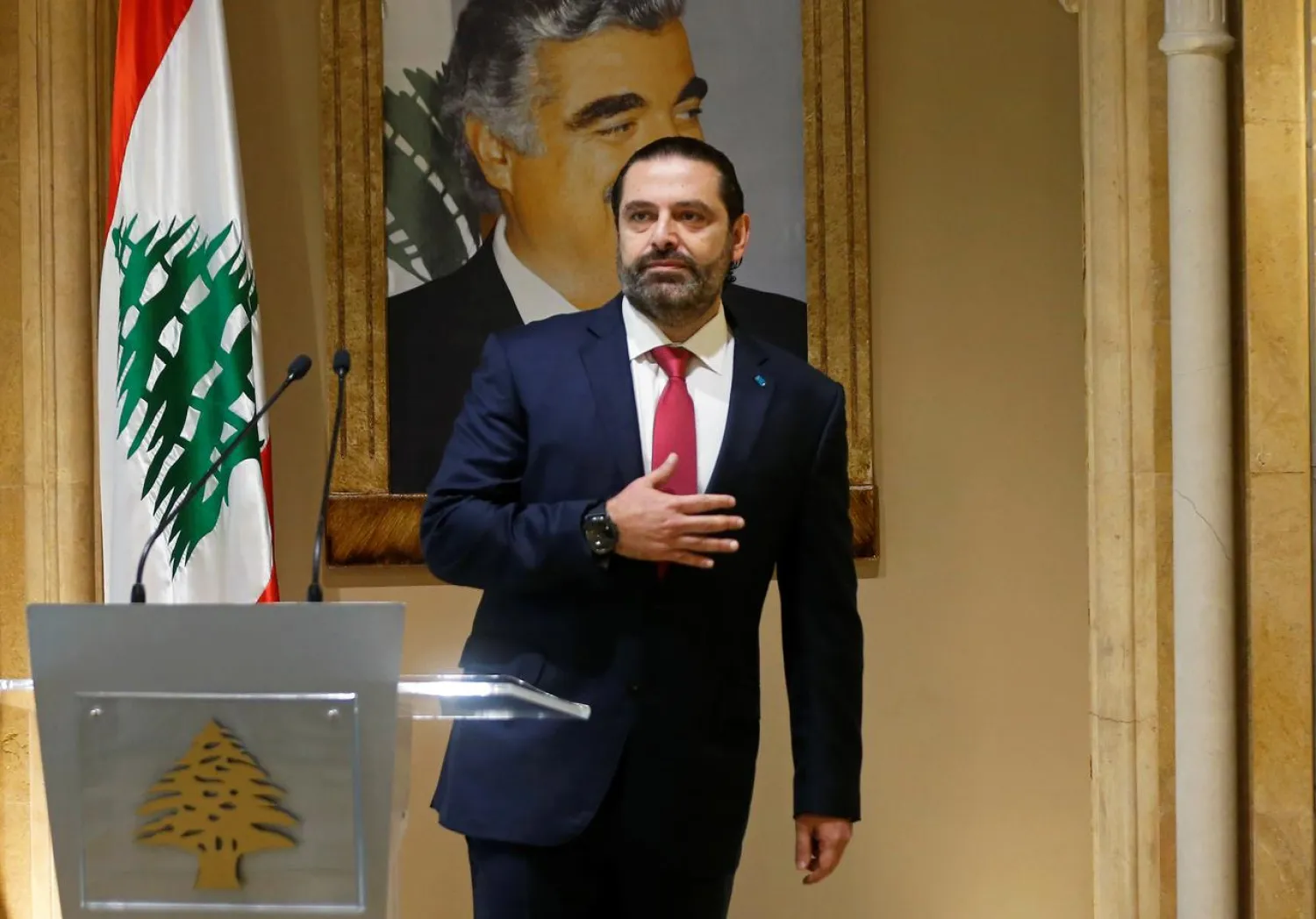 FILE PHOTO: Lebanon's Prime Minister Saad Hariri gestures as he leaves after delivering his address in Beirut, Lebanon October 29, 2019. REUTERS/Mohamed Azakir/File Photo