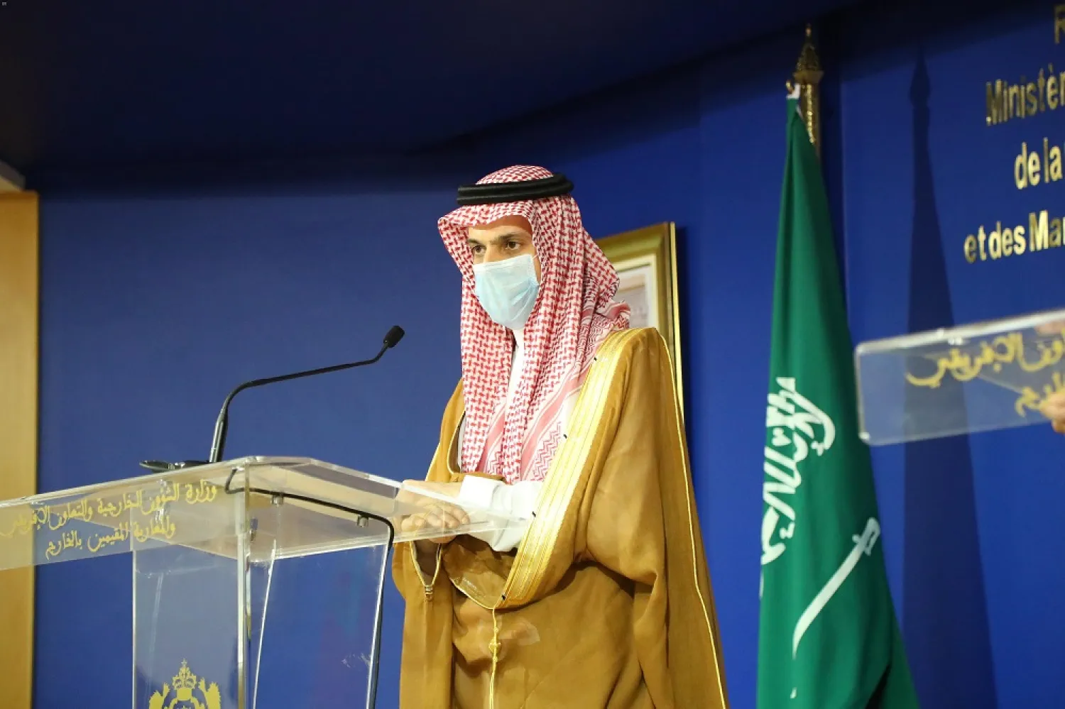 Saudi Foreign Minister Prince Faisal bin Farhan bin Abdullah addresses a press conference in Rabat. (SPA)