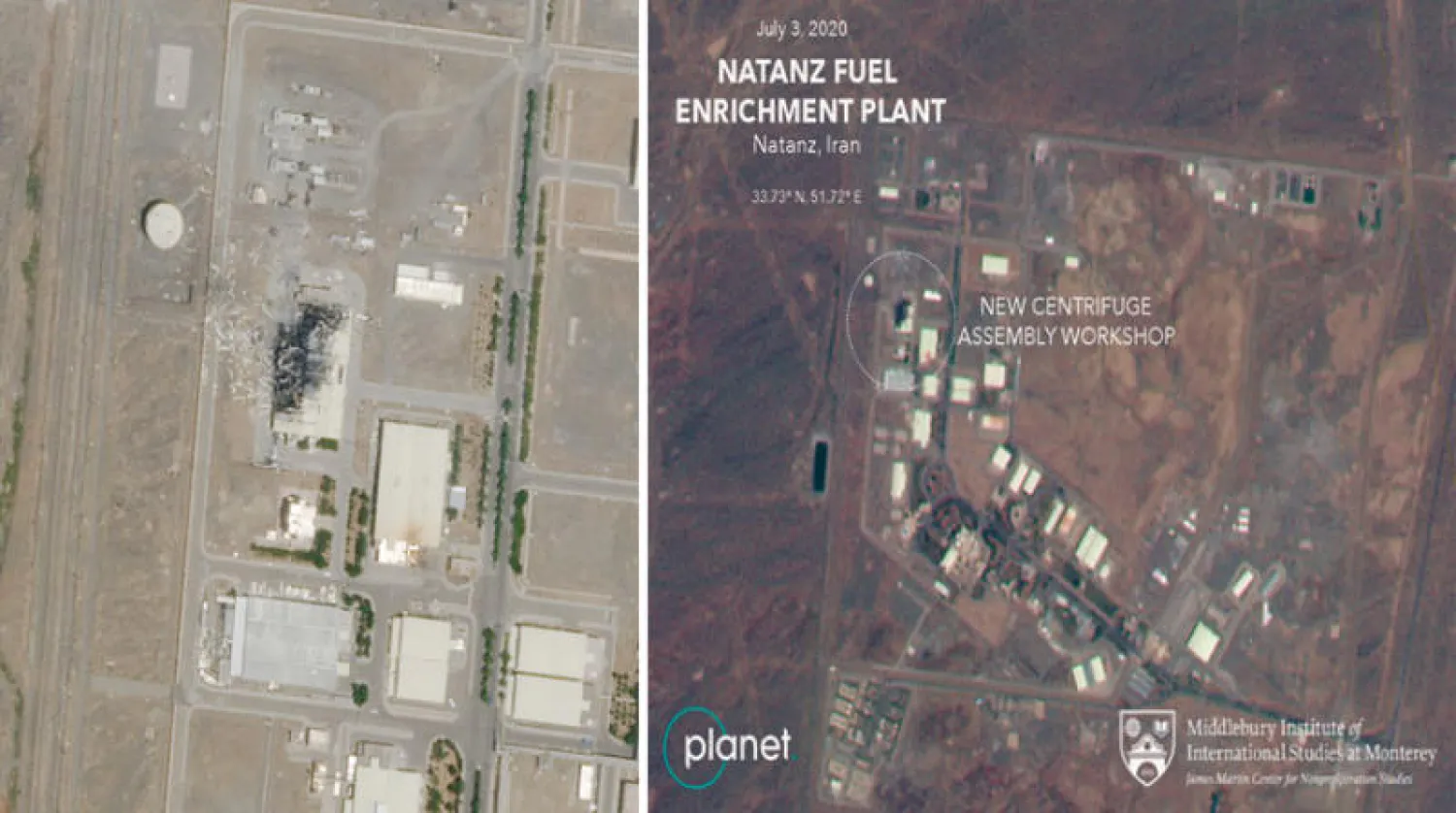 صورة من الأقمار الصناعية تظهر آثار الحريق في صالة بمنشأة «نطنز» وسط إيران التقطت الشهر الماضي - صورة تظهر آثار الانفجار في منشأة «نطنز» بدقة عالية التقطها القمر الصناعي «بلانت لبز» الشهر الماضي (أ.ب)
