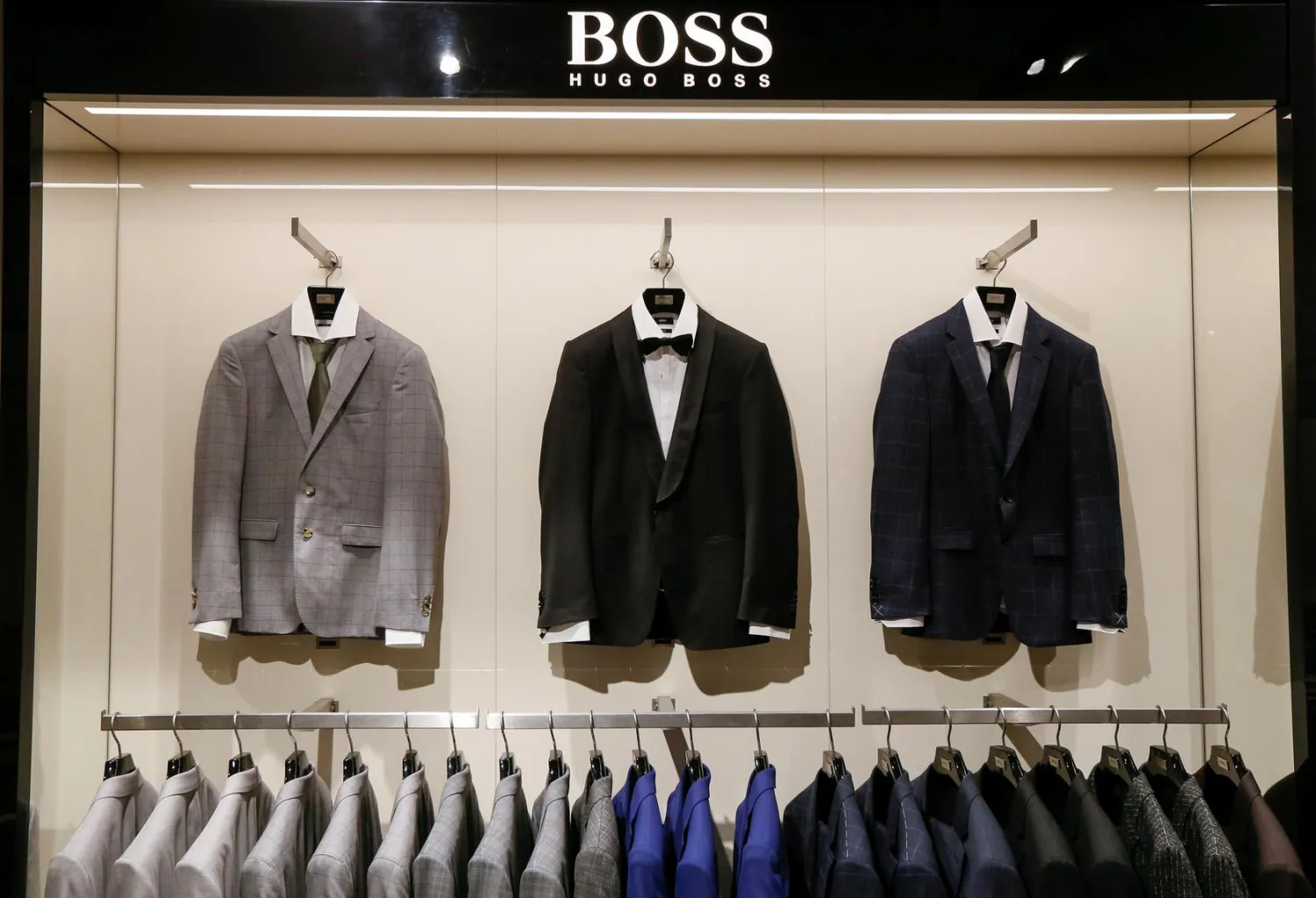 FILE PHOTO: Jackets are on display in the Hugo Boss section in the Central Universal Department Store (TsUM) in Kiev, Ukraine, May 17, 2017. REUTERS/Valentyn Ogirenko
