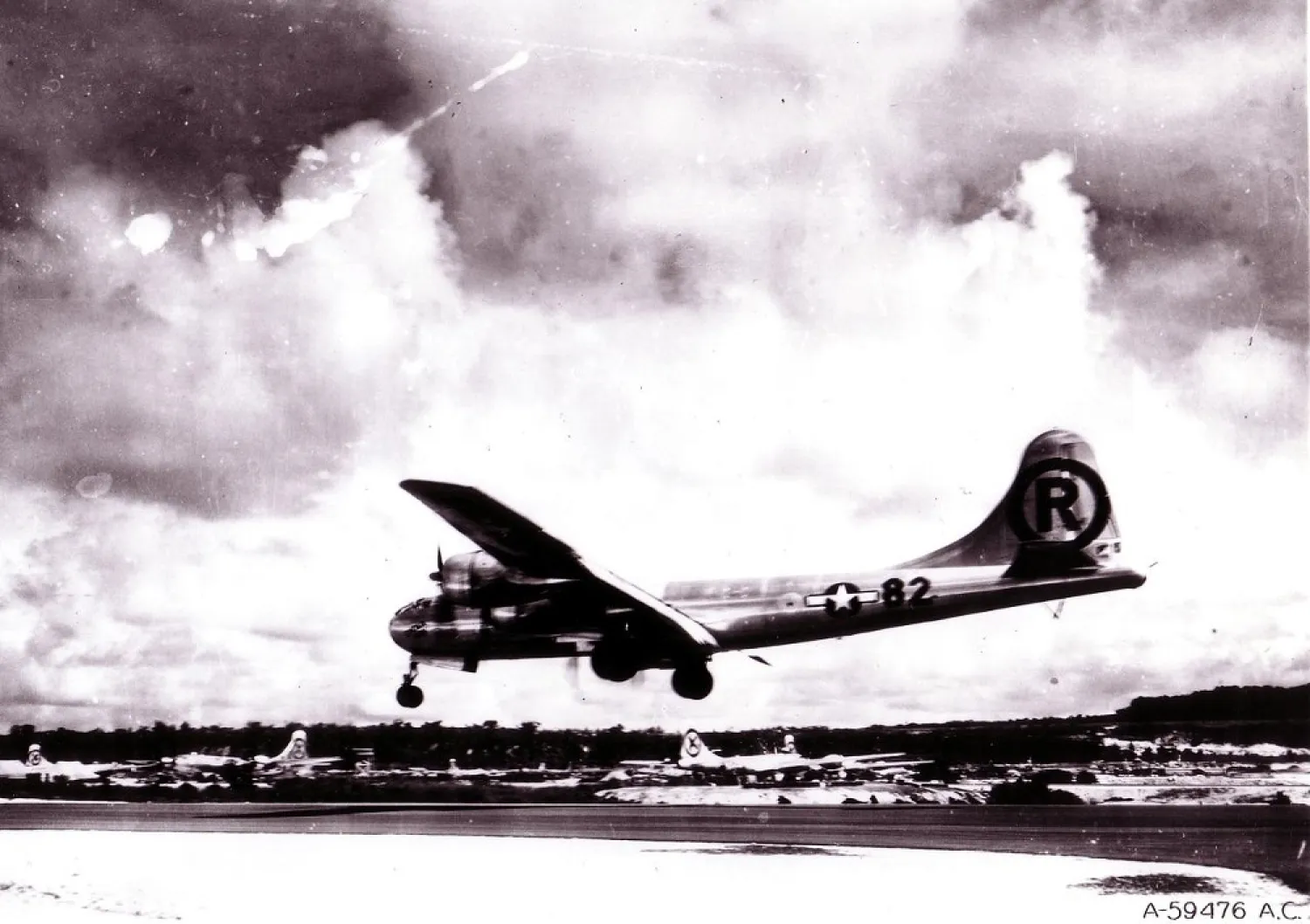 The Boeing B-29 Superfortress Enola Gay lands at the Tinian airbase in the Mariana Islands after the atomic bombing mission on Hiroshima, Japan August 6, 1945. (Reuters)