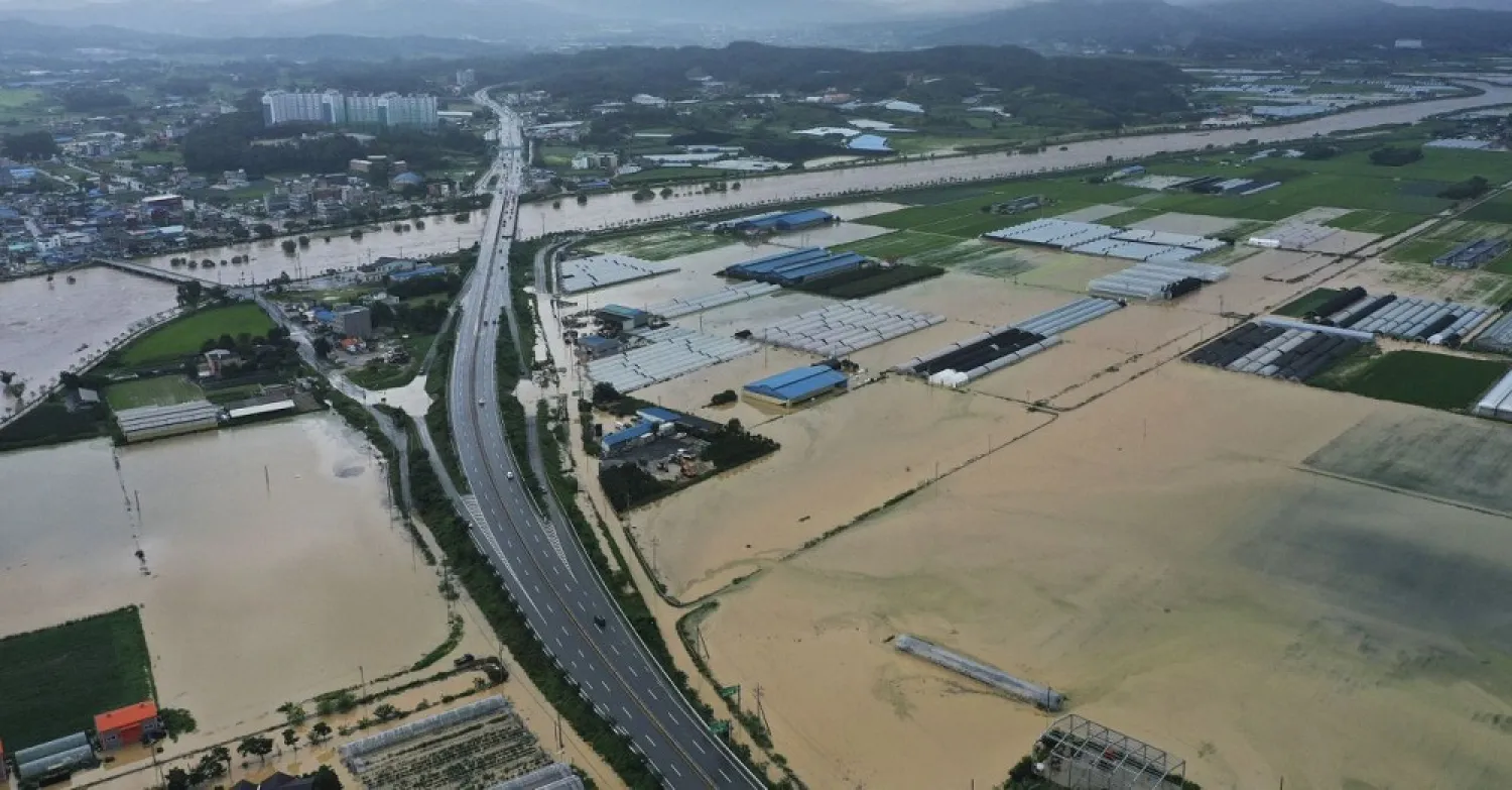 Agricultural lands are inundated with flood waters after heavy rains in Anseong, South Korea, Sunday, Aug. 2, 2020. (AP)