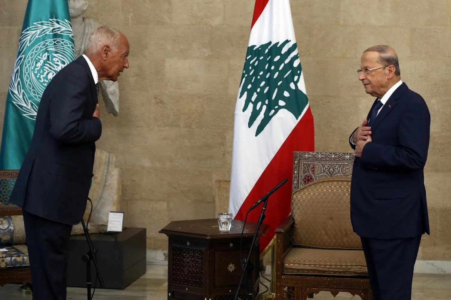 Arab League Chief Ahmed Aboul Gheit greets Lebanon's President Michel Aoun at the presidential palace in Baabda, Lebanon August 8, 2020. (Dalati & Nohra)