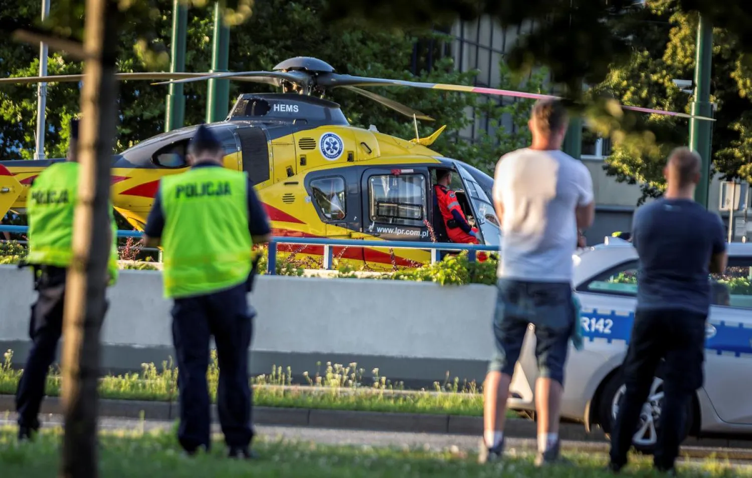 FILE PHOTO: A rescue helicopter is seen on the site where Dutch cyclists Fabio Jakobsen and Dylan Groenewegen crashed, while at the finish line on stage one of the Tour de Pologne in Katowice, Poland August 5, 2020. Grzegorz Celejewski/Agencja Gazeta/via REUTERS