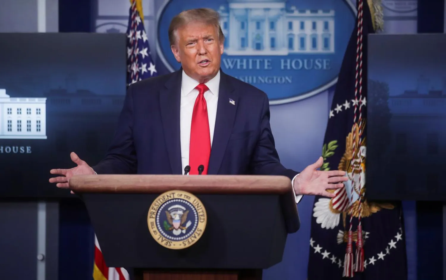 US President Donald Trump speaks during a coronavirus disease (COVID-19) pandemic briefing in the Brady Press Briefing Room of the White House in Washington, US, August 3, 2020. REUTERS/Jonathan Ernst