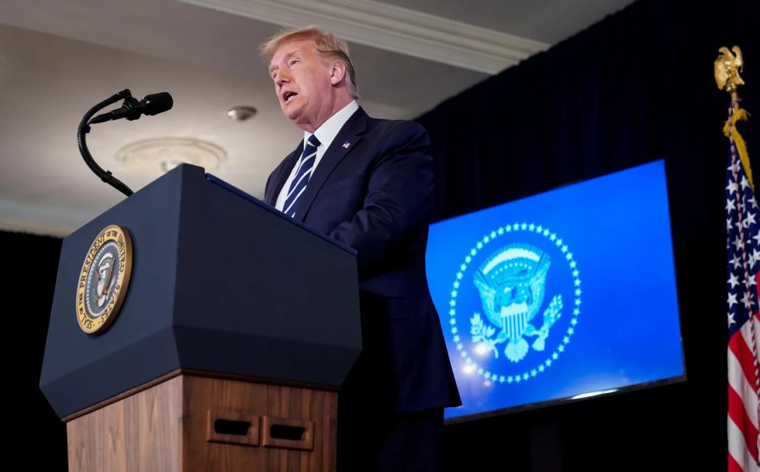 US President Donald Trump addresses a news conference at his golf resort in Bedminster, New Jersey, US, August 7, 2020. (Reuters)
