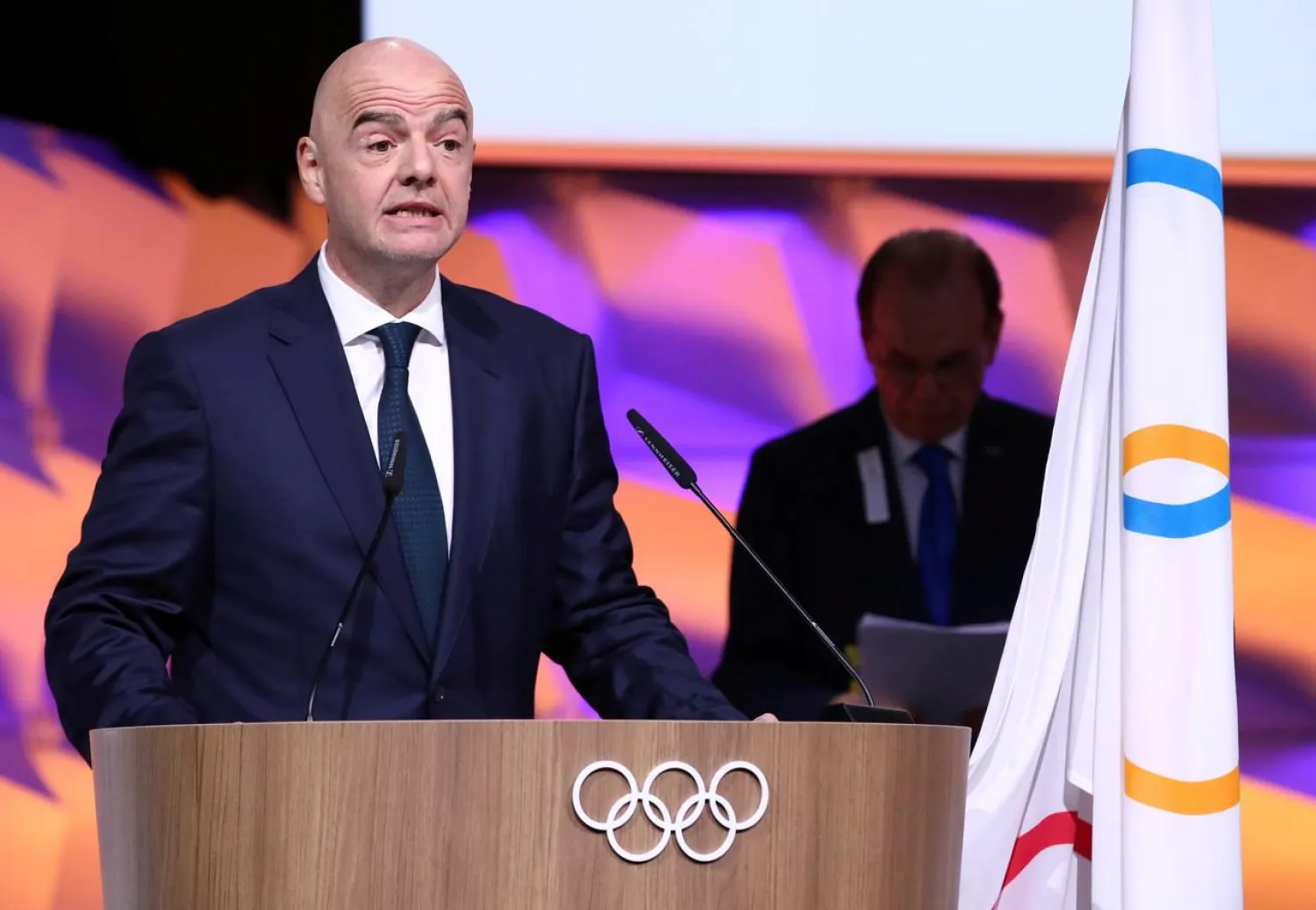 FILE PHOTO: FIFA president Gianni Infantino gives oath after his election as International Olympic Committee (IOC) member during the 135th Session in Lausanne, Switzerland, January 10, 2020. REUTERS/Denis Balibouse/File Photo