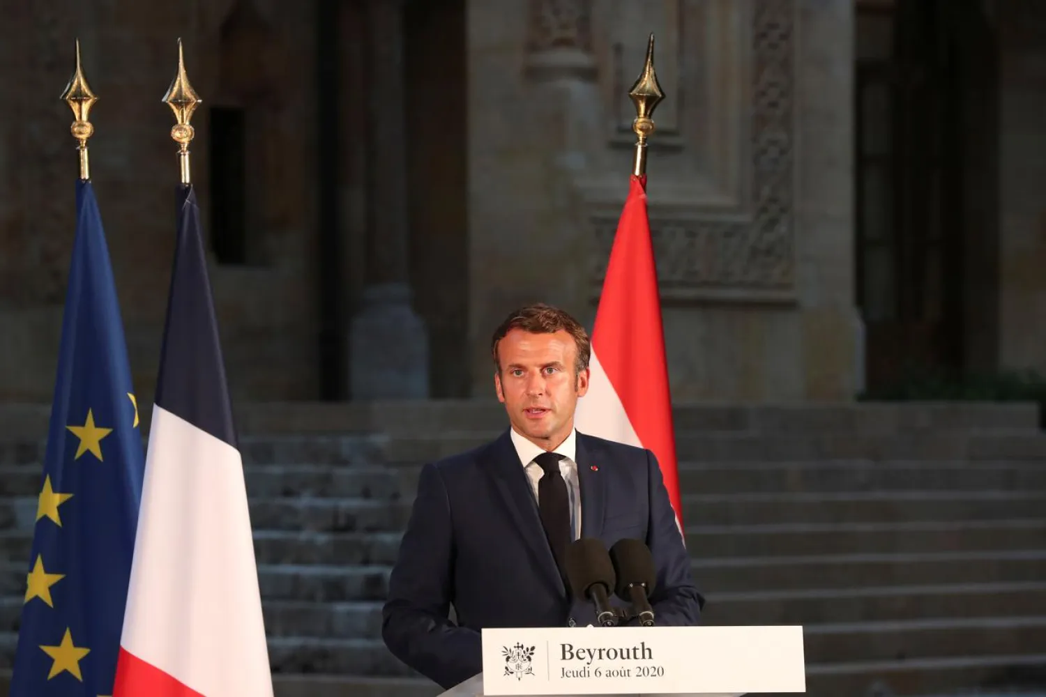 French President Emmanuel Macron delivers his speech during a news conference, following Tuesday's blast in Beirut's port area, in Beirut, Lebanon August 6, 2020. Thibault Camus/Pool via REUTERS