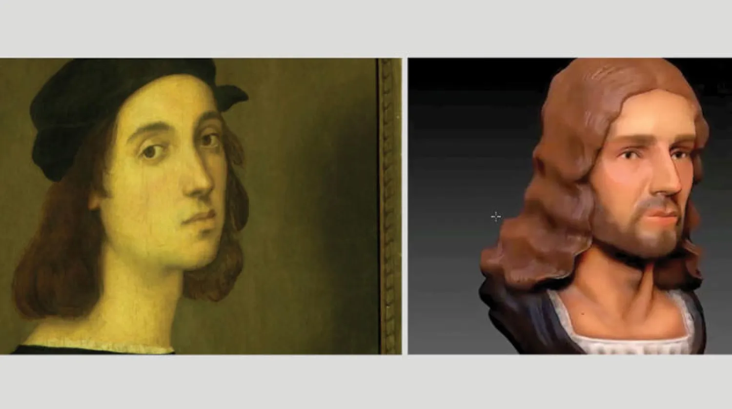 صورة ثلاثية الأبعاد أعدها باحثون لوجه رفائيل (يمين).. وكما رسم نفسه (رويترز)