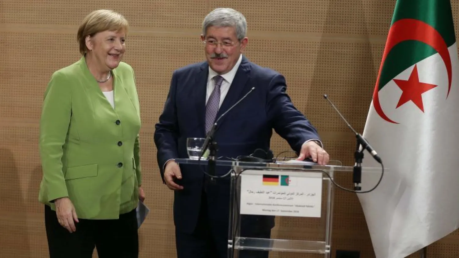 Algerian Prime Minister Ahmed Ouyahia and Angela Merkel the Chancellor of Germany attend a press conference after their meeting in Algiers, Algeria, 17 September 2018. EPA-EFE/STR