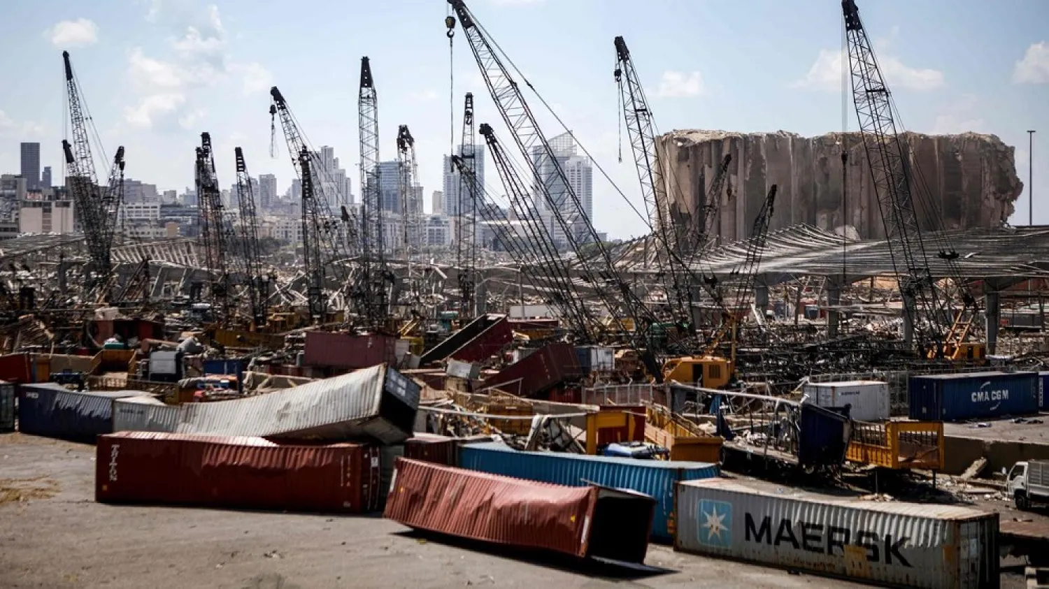 Freight containers lie across the Beirut port area after last week’s explosion. (AFP)