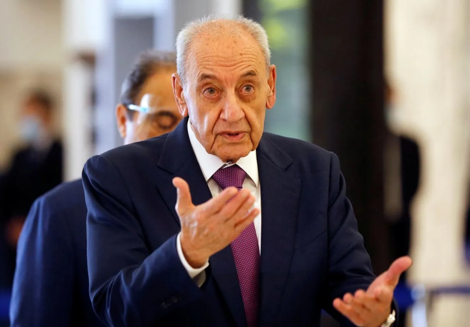 Lebanese parliament Speaker Nabih Berri gestures as he arrives to attend a meeting at the presidential palace in Baabda, Lebanon May 6, 2020. (Reuters)