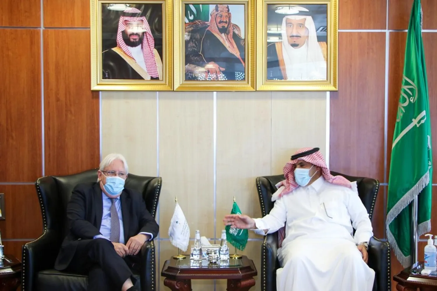 Saudi Ambassador to Yemen Mohammed al-Jaber meets with the UN envoy to Yemen. (Twitter)
