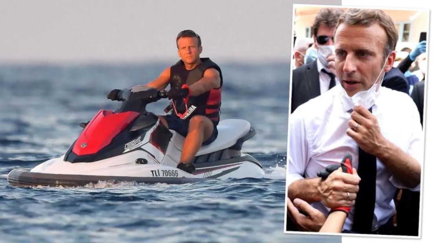 الرئيس الفرنسي إيمانويل ماكرون في جولة قصيرة على ظهر مزلجة مائية... وفي الإطار صورته خلال زيارة بيروت (التايمز)