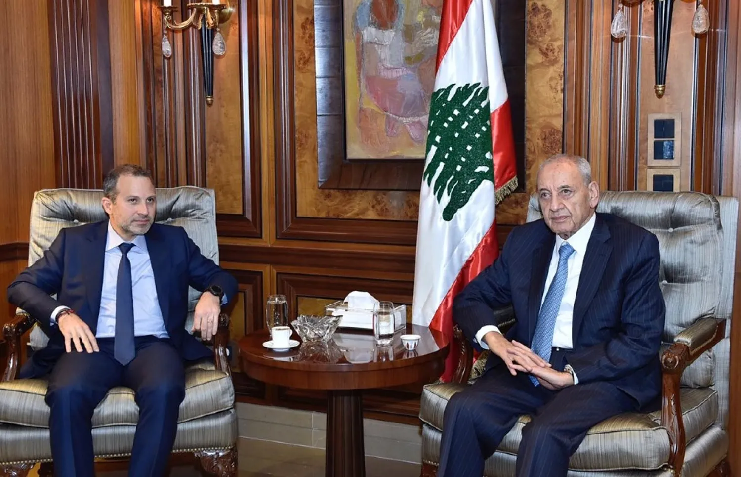 Speaker Nabih Berri (R) meets with former minister Gebran Bassil. (NNA)