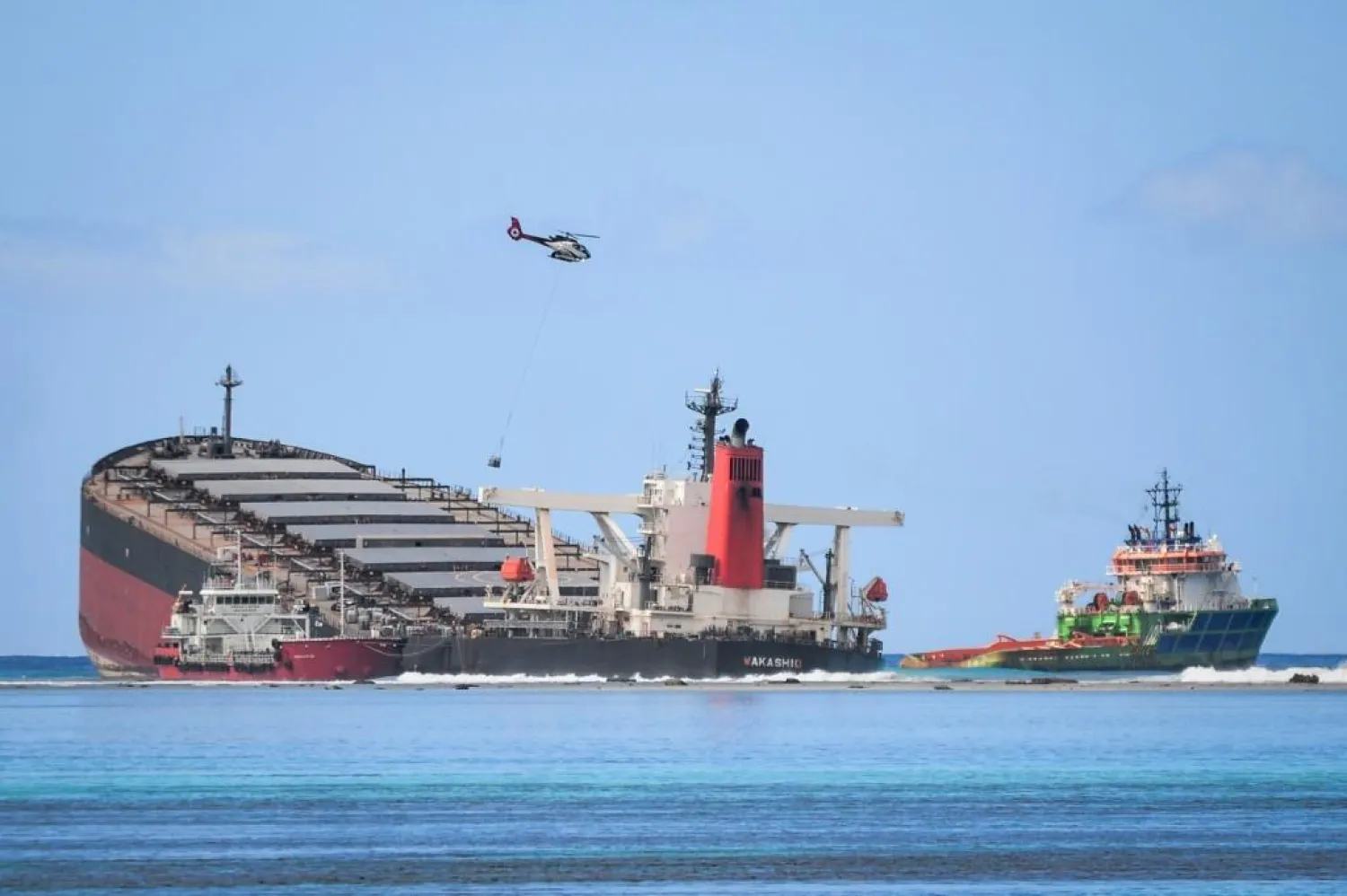 The MV Wakashio ran aground off Mauritius in July and is leaking fuel into the island's pristine coral-filled waters | AFP