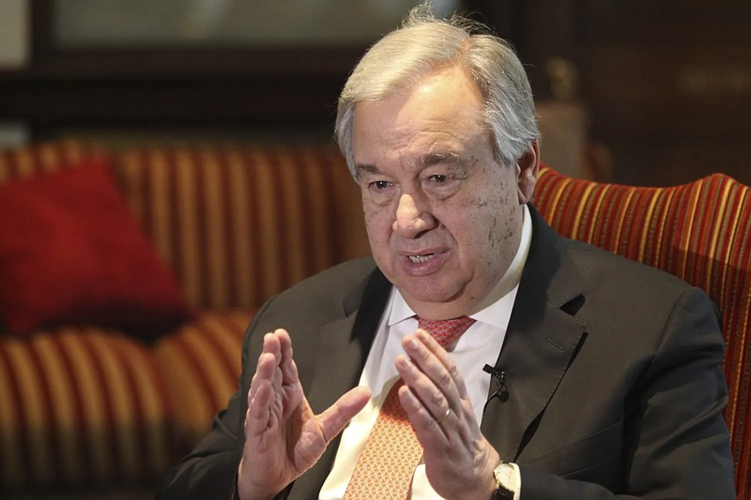  In this Feb. 18, 2020, file photo, UN Secretary-General Antonio Guterres speaks during an interview with The Associated Press in Lahore, Pakistan. (AP Photo/K.M. Chaudhry, File)