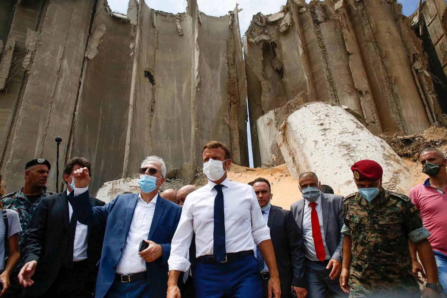 French President Macron visits the site of Beirut port blast on August 6. (Getty Images)