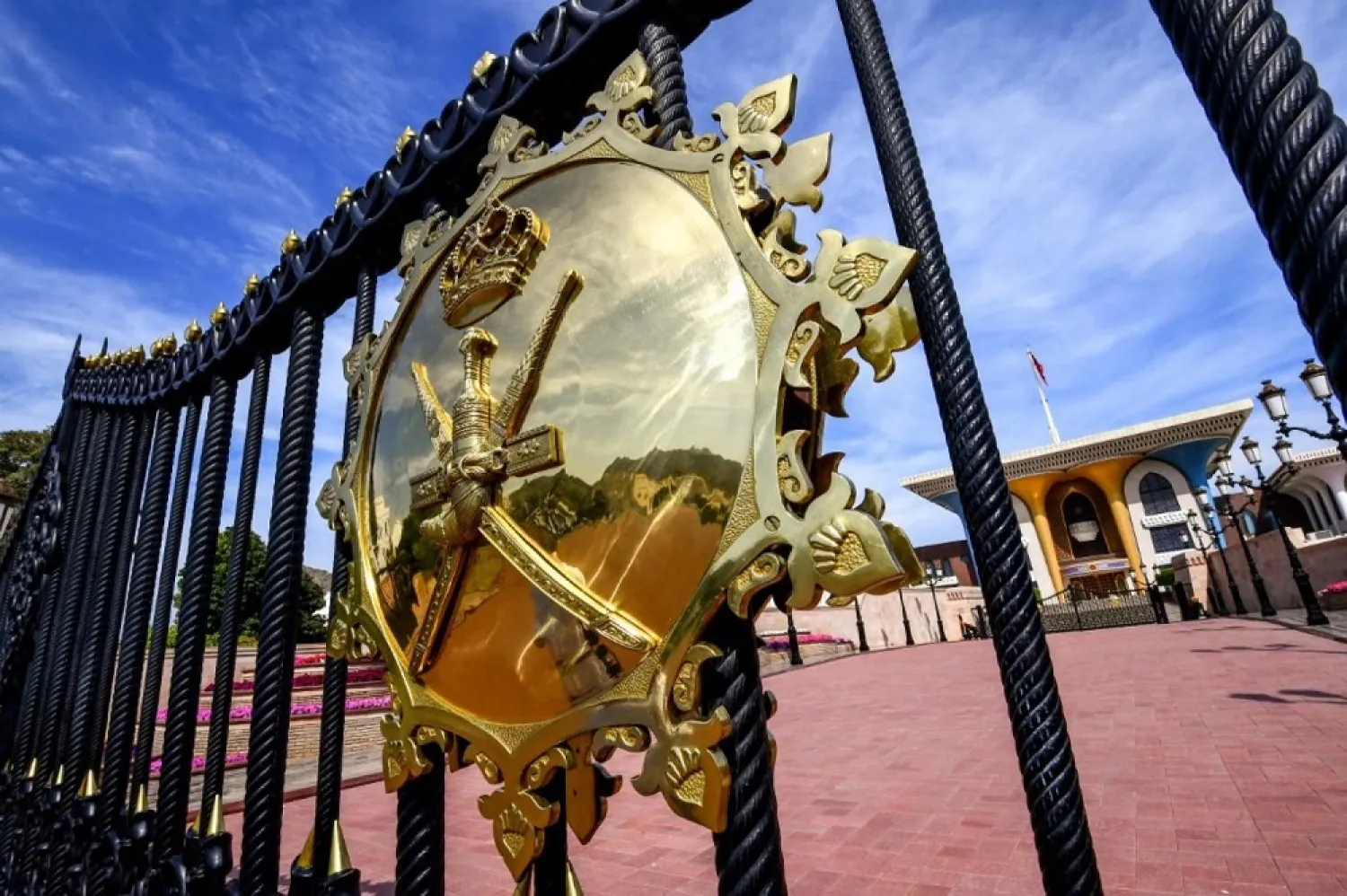 Oman’s royal seal is pictured on the gatehouse outside al-Alam ceremonial palace in Muscat in 2018. (AFP)