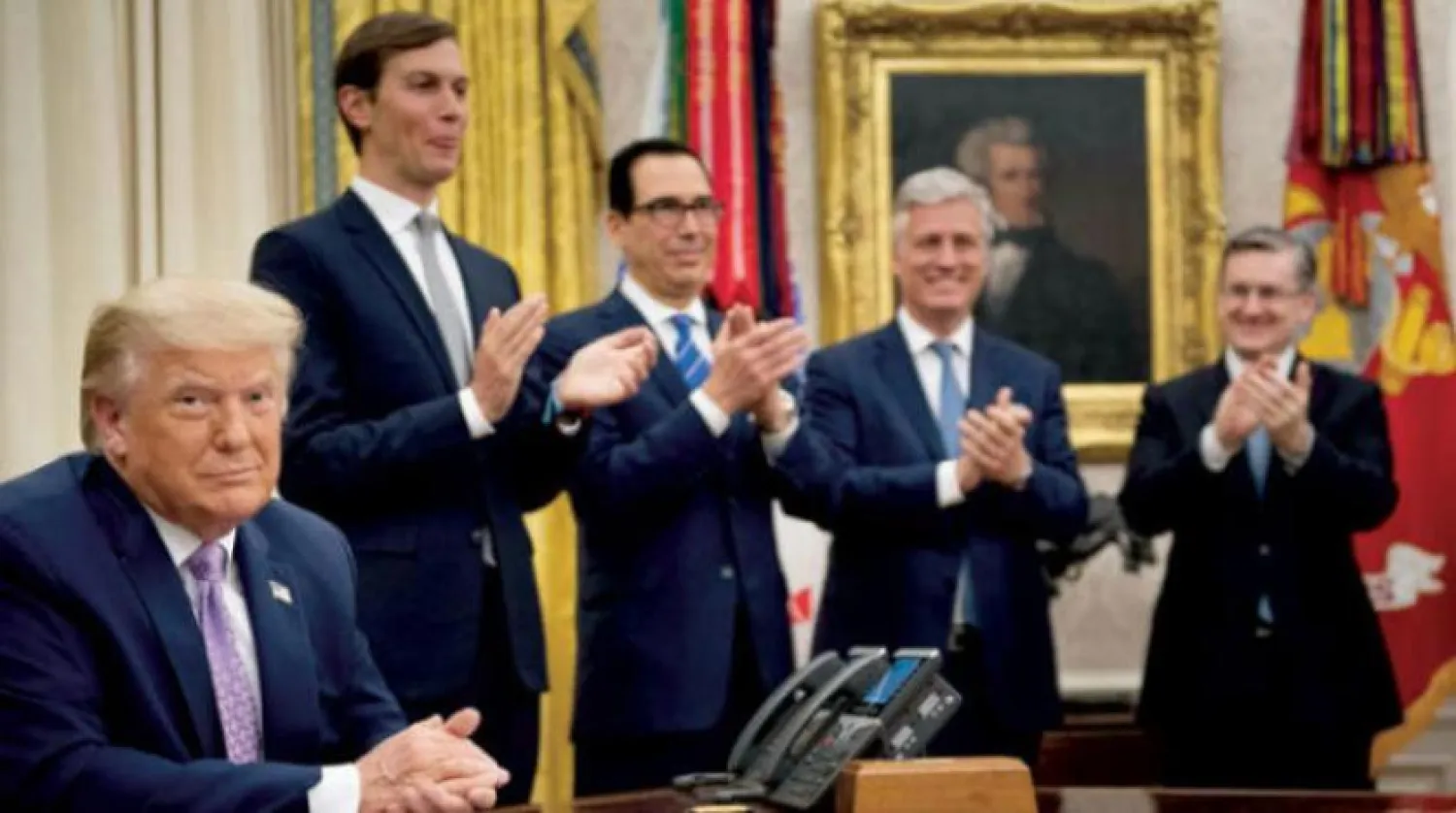 Beyaz Saray’da BAE-İsrail anlaşması ilan edildiği sırada ABD Başkanı Donald Trump, Başdanışmanı Jared Kushner, Hazine Bakanı Steven Mnuchin ve Ulusal Güvenlik Danışmanı Robert O'Brien (AFP)