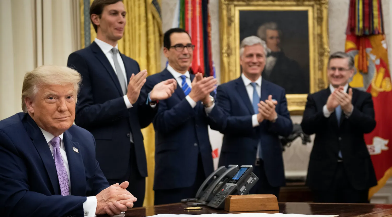 US President Donald Trump announcing the UAE-Israel agreement with, from left to right: Senior Adviser Jared Kushner, Treasury Secretary Steven Mnuchin and National Security Advisor Robert O'Brien, Aug. 13, 2020. Brendan Smialowski/AFP 