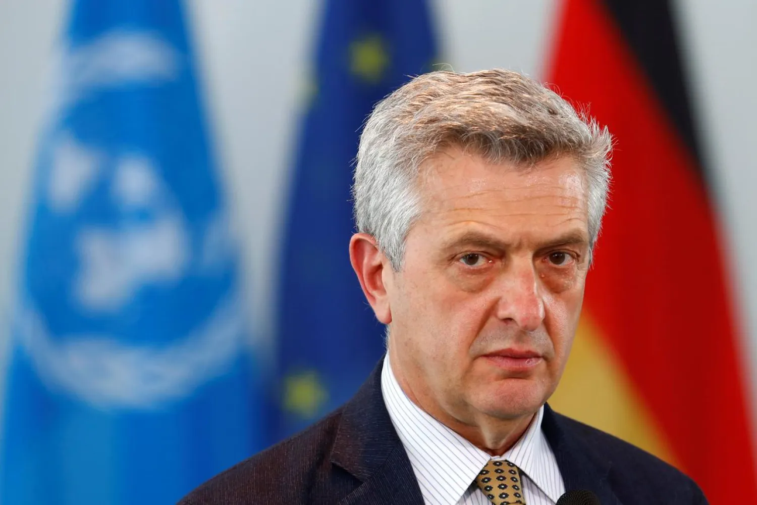 UN High Commissioner for Refugees Filippo Grandi adresses the media with German Chancellor Angela Merkel (not pictured) following their talks in Berlin, Germany, April 23, 2018. REUTERS/Fabrizio Bensch