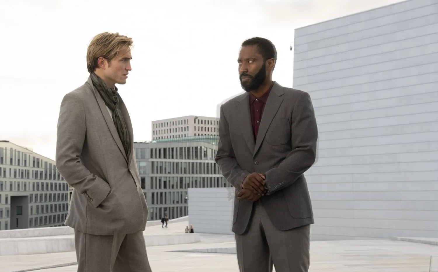 Robert Pattinson, left, and John David Washington in a scene from ‘Tenet’. (AP)