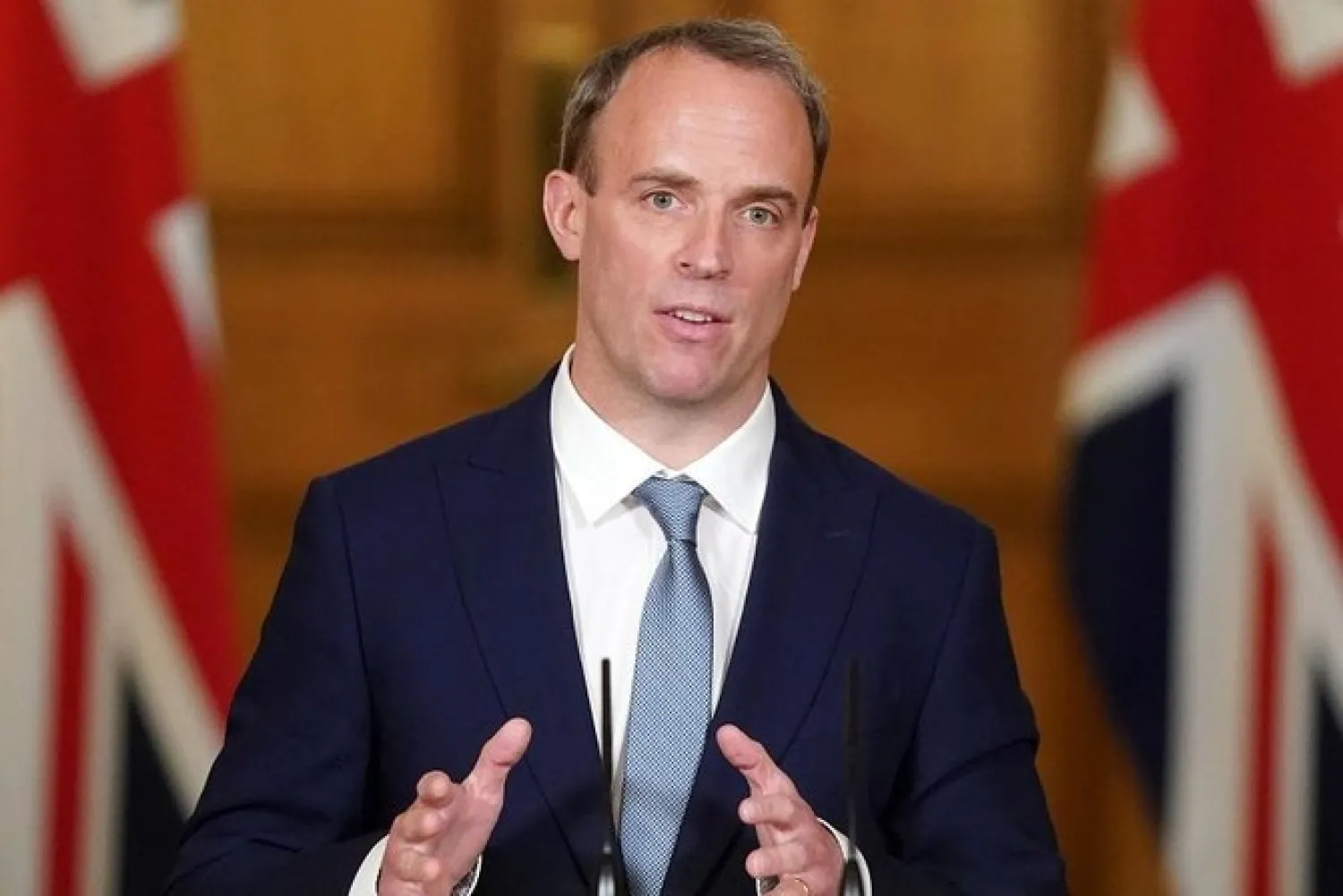 A handout image released by 10 Downing Street, shows Britain's Foreign Secretary Dominic Raab attending a remote press conference to update the nation on the COVID-19 pandemic, inside 10 Downing Street in central London on June 15, 2020. (File/AFP)