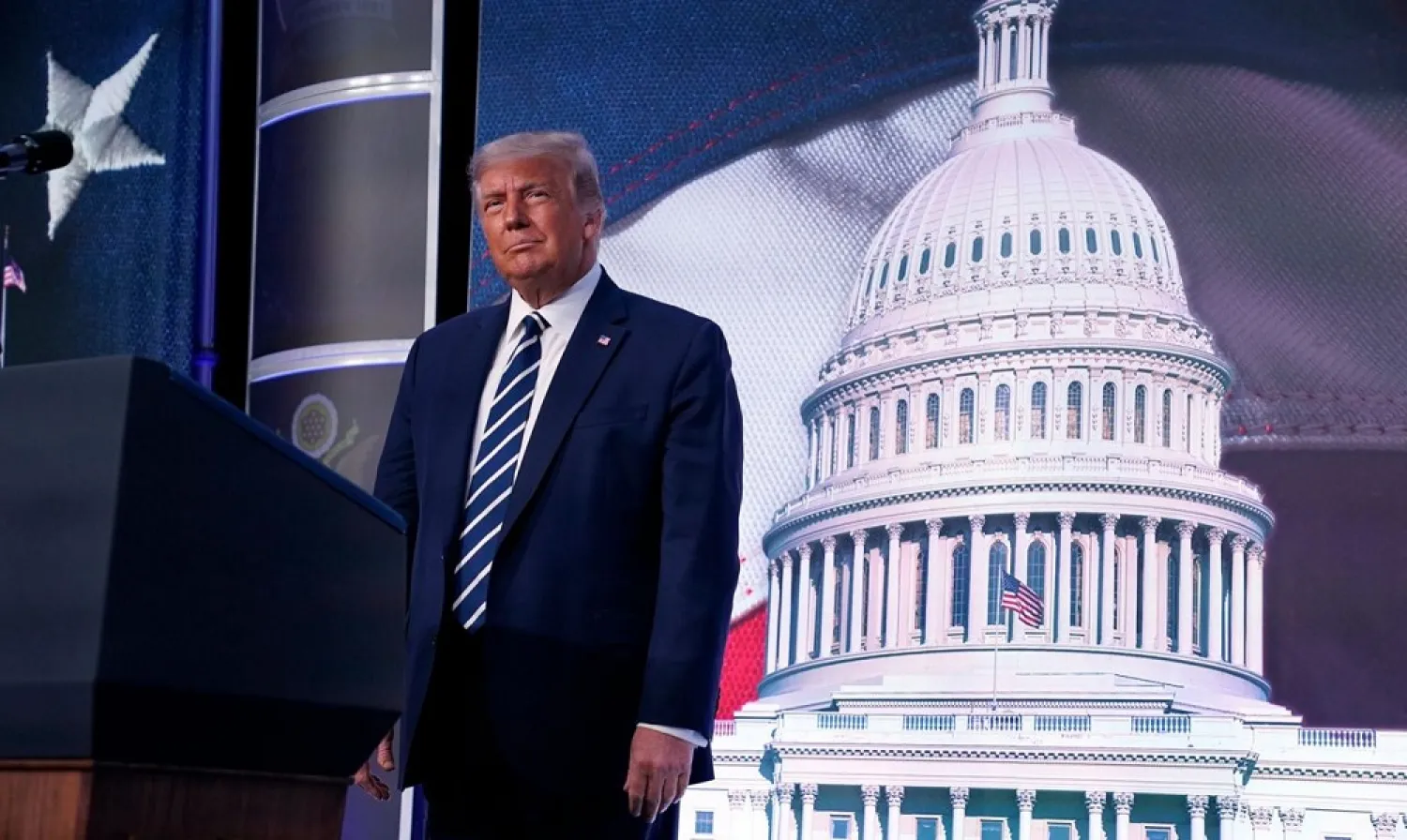 President Donald Trump stands on stage during the 2020 Council for National Policy Meeting, Friday, Aug. 21, 2020, in Arlington, Va. (AP)