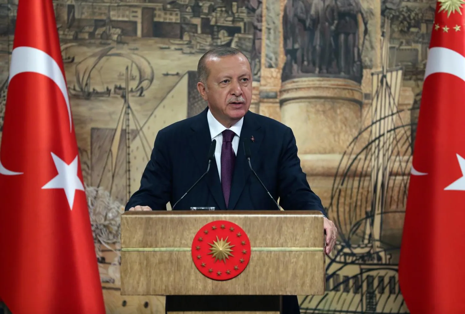 FILE PHOTO: Turkey's President Recep Tayyip Erdogan addresses the nation in Istanbul, Turkey, August 21, 2020. Murat Cetinmuhurdar/PPO/Handout via REUTERS