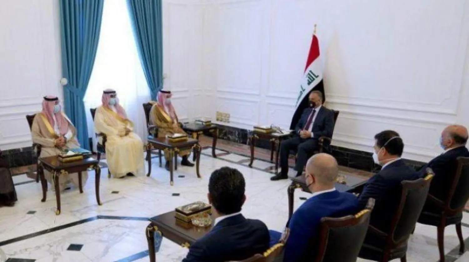 Iraqi Prime Minister Mustafa Al Kadhimi meeting with Saudi Foreign Minister Prince Faisal bin Farhan at his office in Baghdad, Iraq, 27 August 2020. EPA