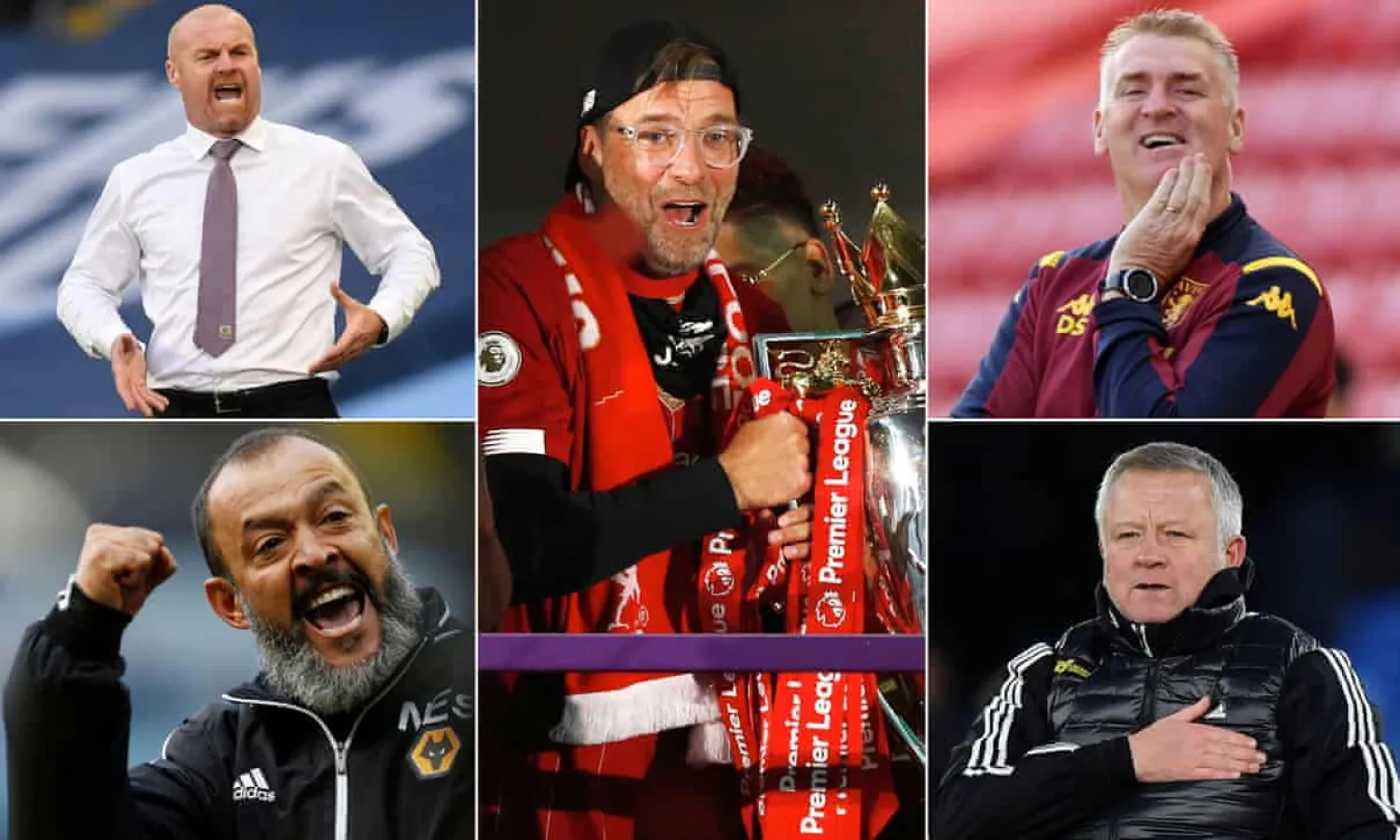Burnley Sean Dyche, Liverpool’s Jürgen Klopp, Villa’s Dean Smith, Sheffield United’s Chris Wilder and Wolves’ Nuno Espírito Santo have all impressed this season. Composite: NMC Pool/Reuters; NMC Pool/AFP/Getty; Reuters