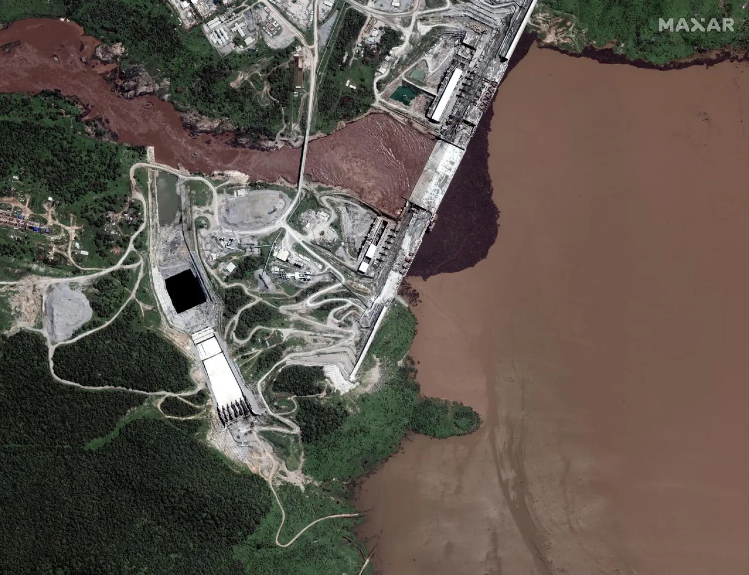 FILE PHOTO: A handout satellite image shows a closeup view of the Grand Ethiopian Renaissance Dam (GERD) and the Blue Nile River in Ethiopia July 12, 2020. Satellite image 2020 Maxar Technologies via REUTERS