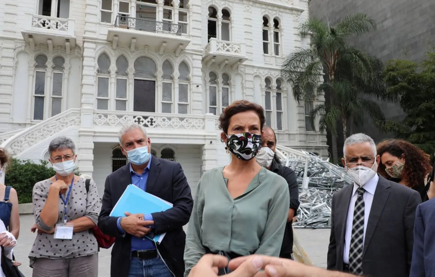 UNESCO Director-General Audrey Azoulay speaks to the press in front of the Sursock museum in Beirut on August 27, 2020. (Reuters)