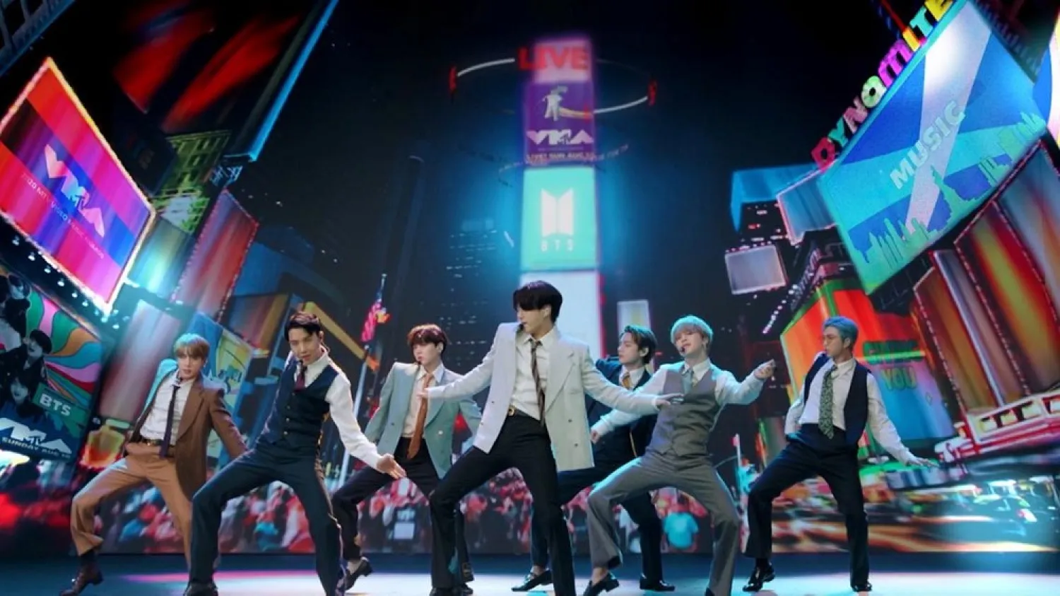 Kpop band BTS performs during the 2020 MTV VMAs. (Reuters)