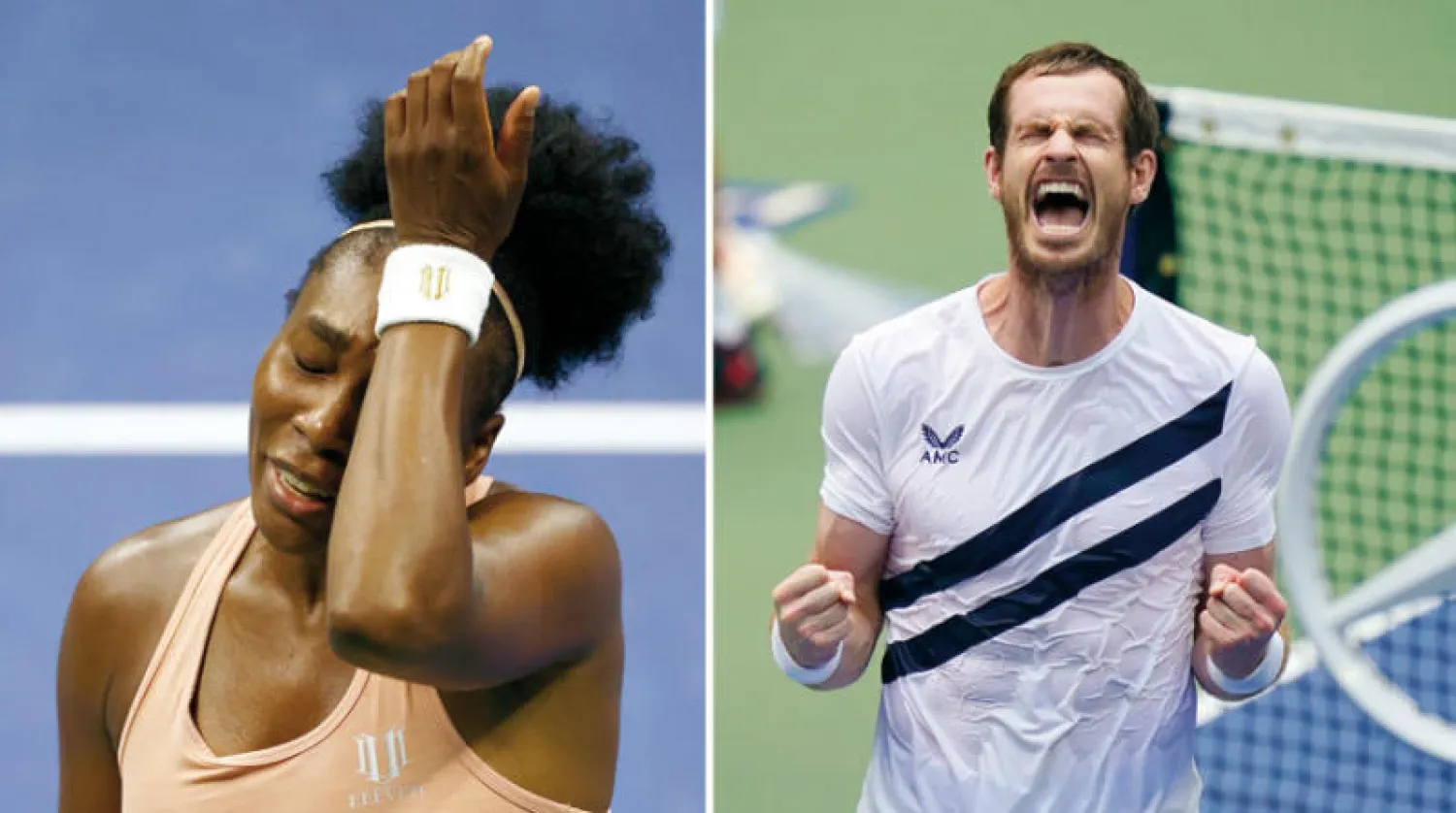 موراي يحتفل بعد تجاوز عقبة منافسه الياباني بالدور الأول (أ.ب)  -  فينوس وعلامات الخسارة (إ.ب.أ)