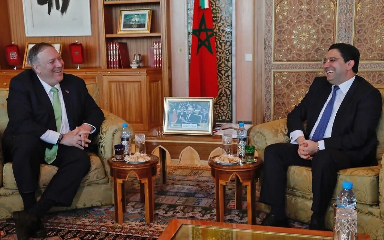 US Secretary of State Mike Pompeo meets with Morocco's Foreign Minister Nasser Bourita (R) during his visit to Rabat on December 5, 2019. (AFP)