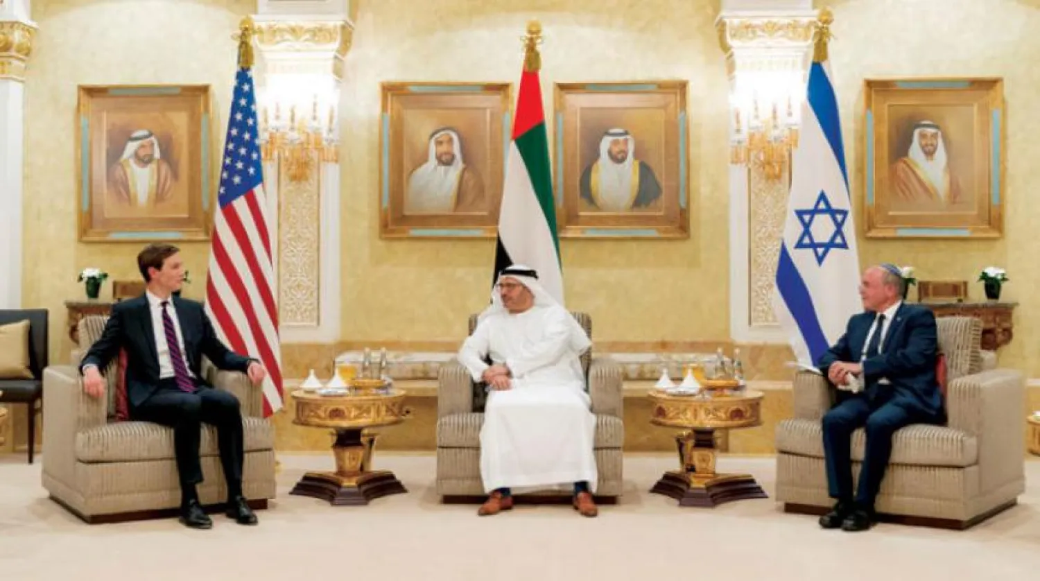 Minister of State for Foreign Affairs of United Arab Emirates Anwar Gargash, Israeli National Security Advisor Meir Ben-Shabbat and US President's senior adviser Jared Kushner hold a meeting in Abu Dhabi, United Arab Emirates August 31, 2020. Ministry of Presidential Affairs/WAM/Handout via Reuters