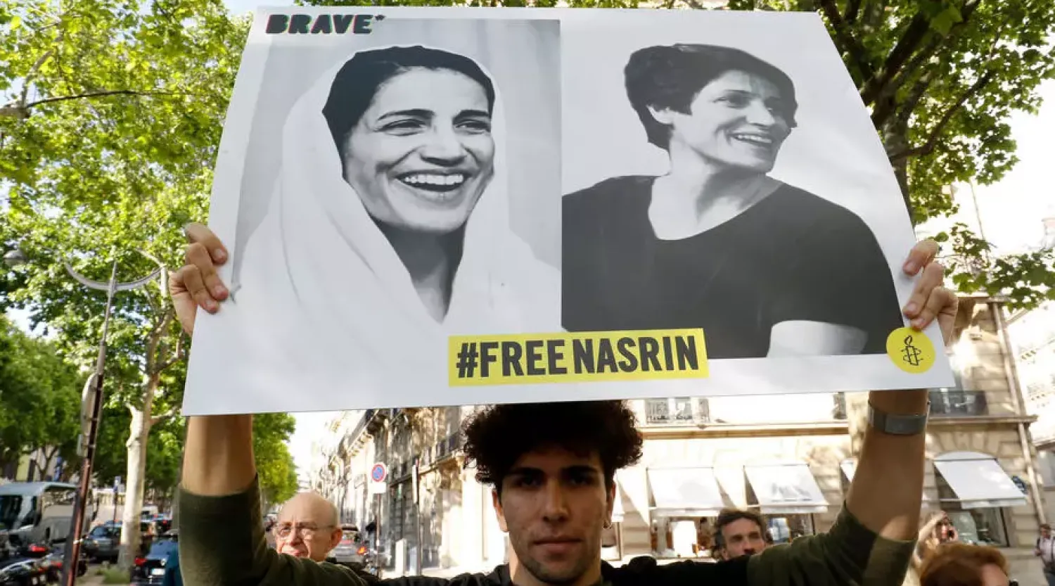 A protest in support of detained Iranian lawyer and rights activist Nasrin Sotoudeh outside the Iranian embassy in Paris in June 2019 FRANCOIS GUILLOT AFP/File
