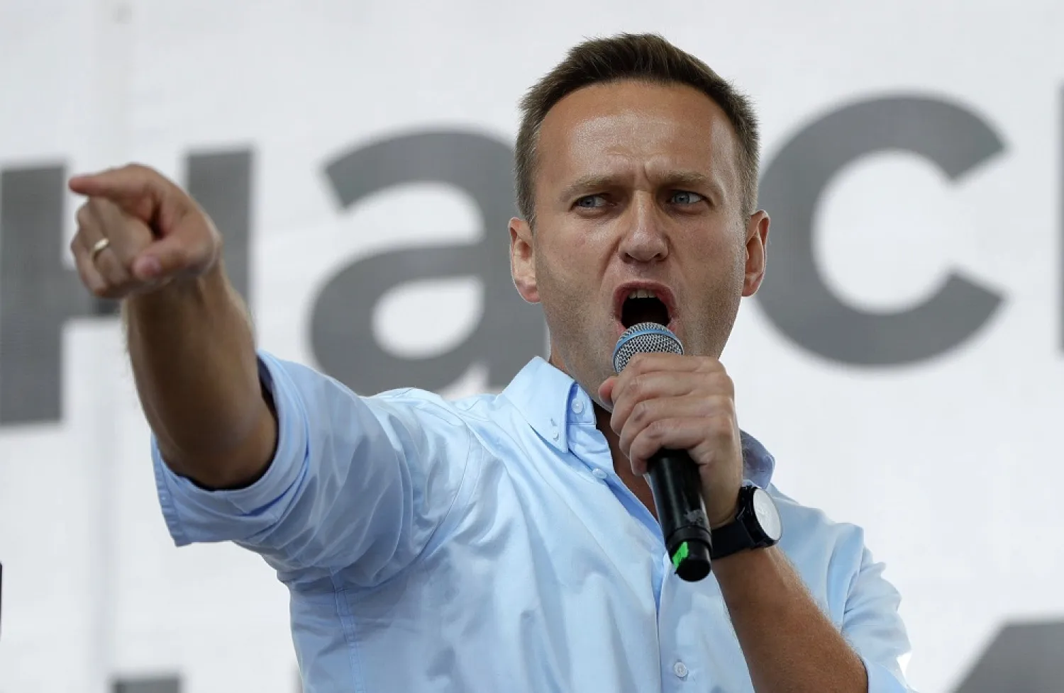Russian opposition activist Alexei Navalny gestures while speaking to a crowd during a political protest in Moscow, Russia, July 20, 2019. (AP)