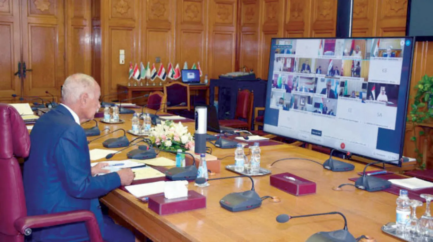 أبو الغيط خلال الاجتماع الافتراضي مع وزراء الخارجية العرب أمس (الجامعة العربية)