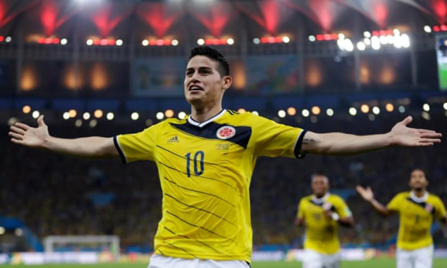  James Rodríguez celebrates scoring the goal for Colombia against Uruguay at the 2014 World Cup that led to his transfer to Real Madrid. Photograph: Natacha Pisarenko/AP
