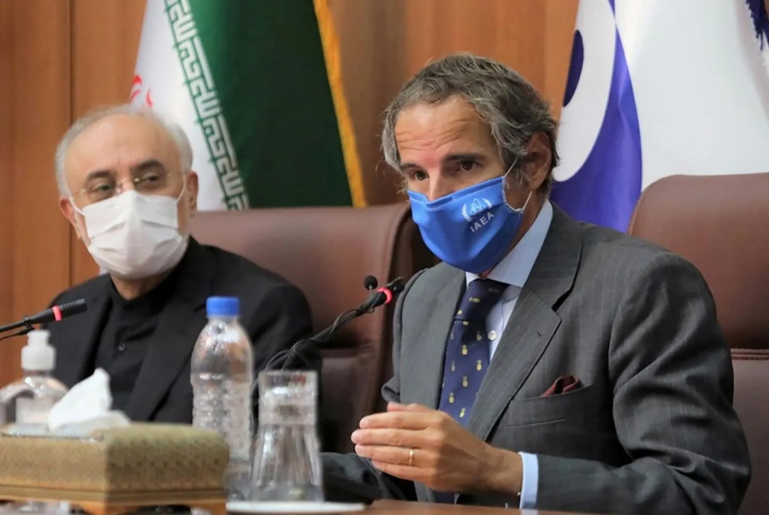 IAEA chief Rafael Grossi (R) speaks during a press conference with Iranian Atomic Energy Organization chief Ali-Akbar Salehi in Tehran, Iran, August 25, 2020. (Reuters)
