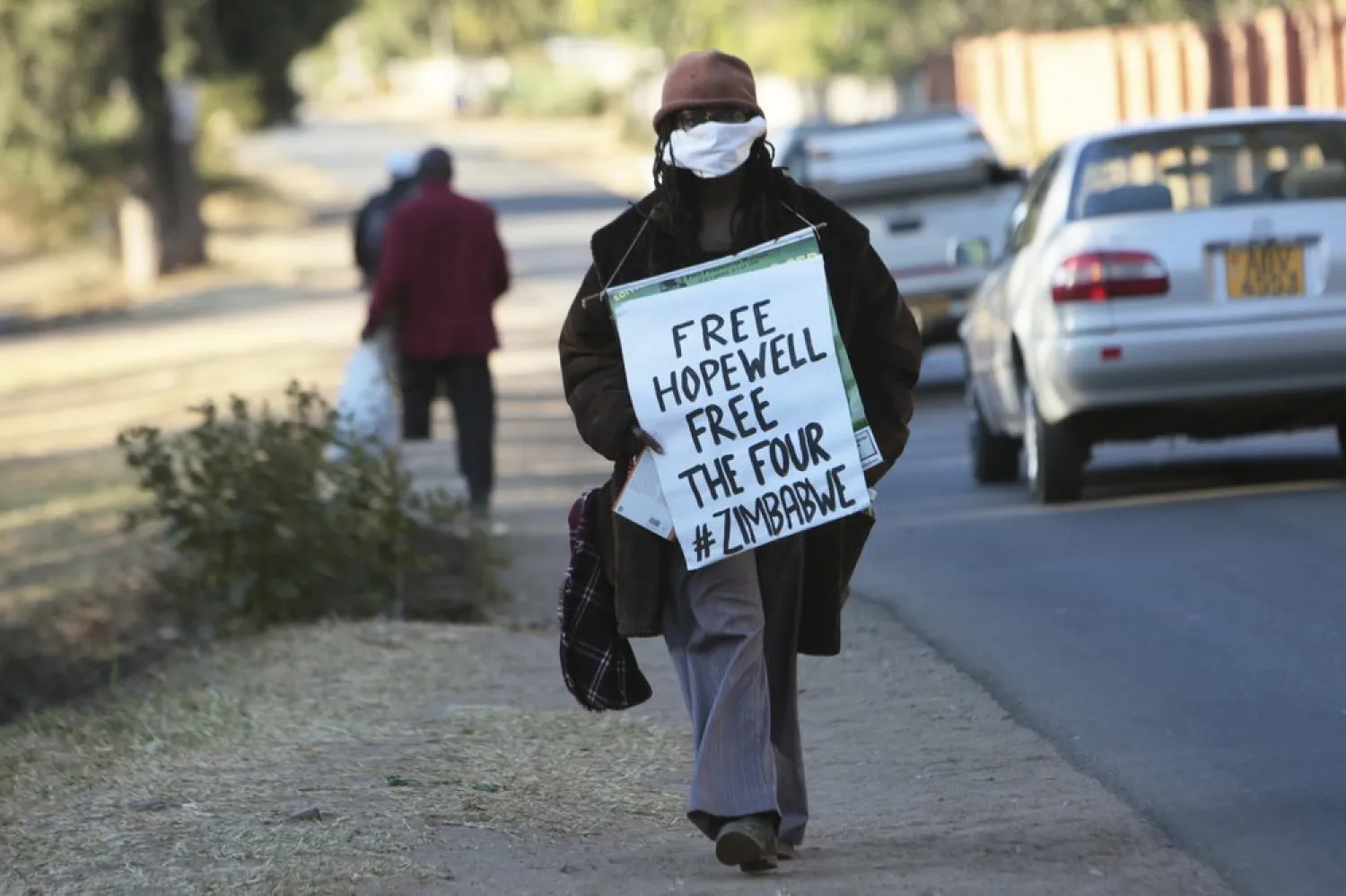 In this July 22, 2020, file photo, Zimbabwean writer Tsitsi Dangarembga demonstrates for the release of Zimbabwe Journalist Hopewell Chin'ono in Harare. (AP)