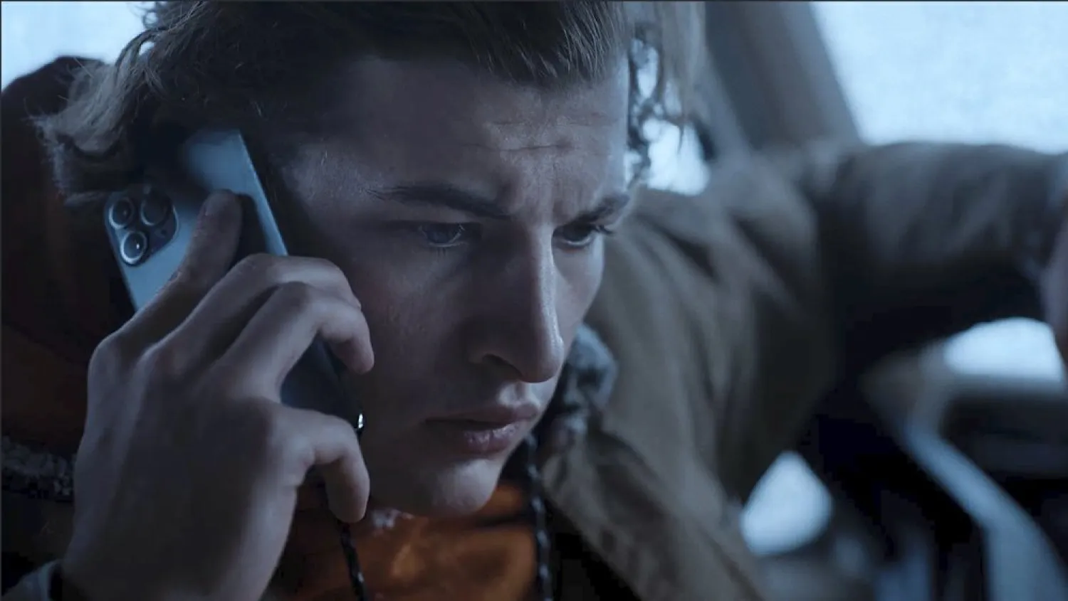 This image released by Quibi shows Tye Sheridan in a scene from ‘Wireless’ which follows a college student navigating the snowy Colorado mountains. (Quibi via AP)