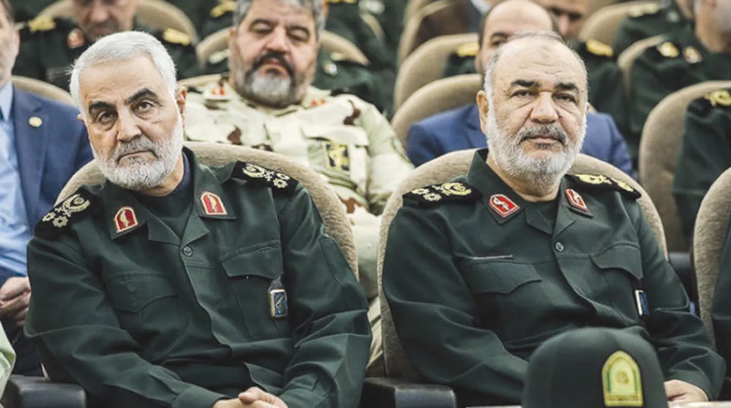 اللواء حسين سلامي في يوم تنصيبه قائداً لـ«الحرس الثوري» مع قاسم سليماني قائد «فيلق القدس» في 24 أبريل 2019 (تسنيم)