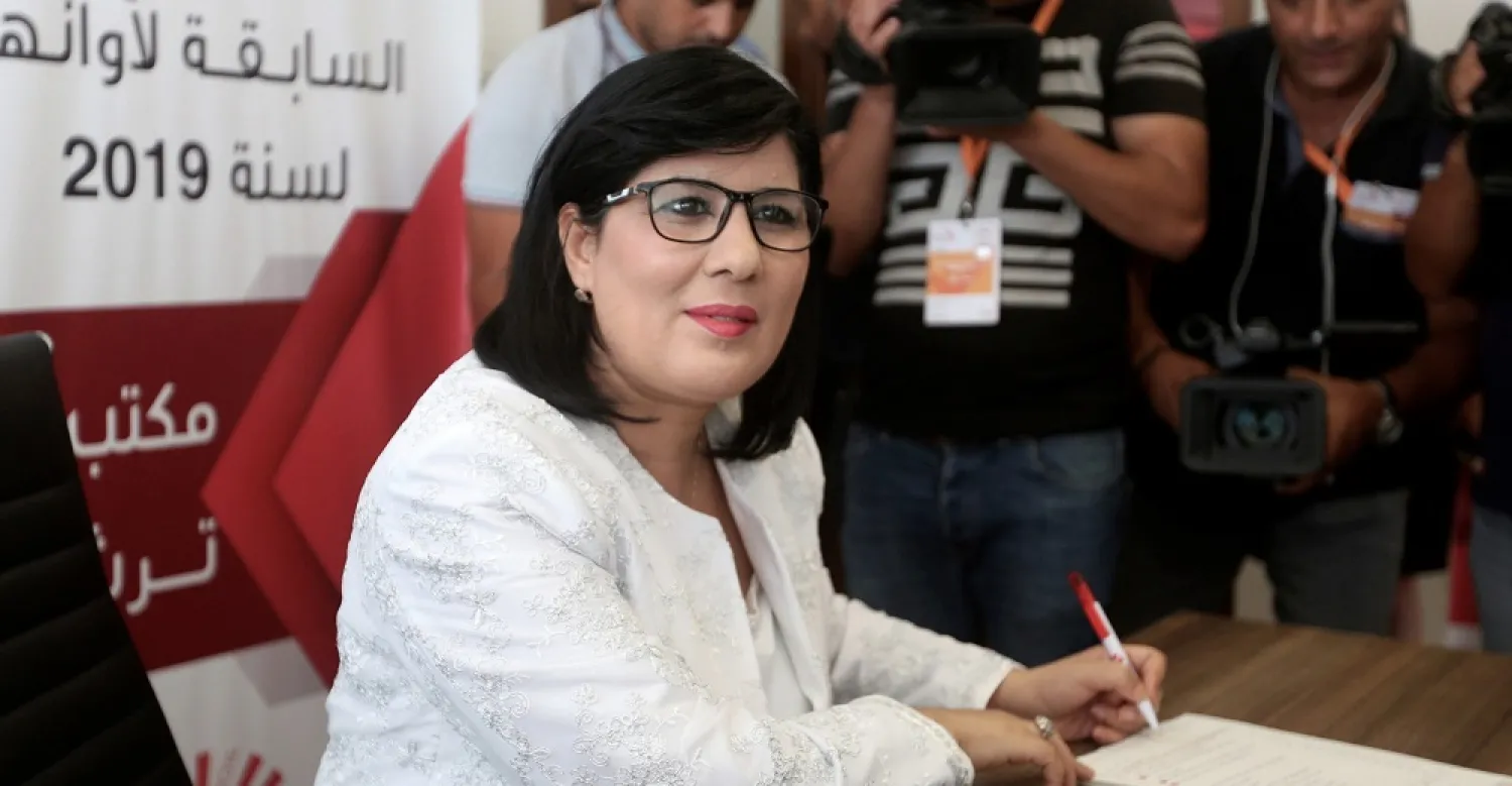 President of the Free Destourian Party Abir Moussi submitting her candidacy for the last presidential elections in Tunis, Tunisia, on Aug. 2, 2019 (AP)