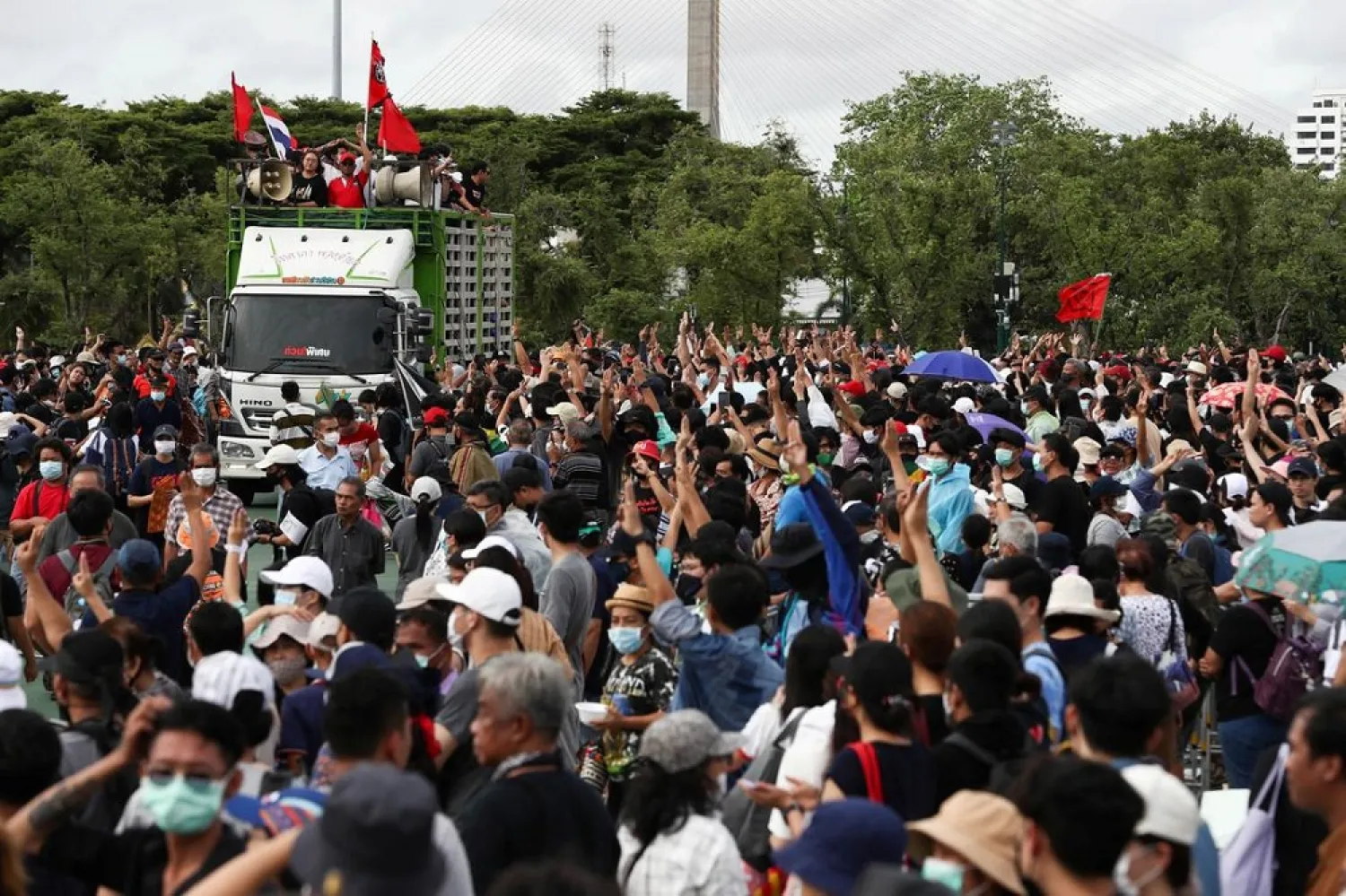 Pro-democracy protesters attend a mass rally to call for the ouster of prime minister Prayuth Chan-ocha's government and reforms in the monarchy, in Bangkok, Thailand, September 19, 2020. (Reuters)